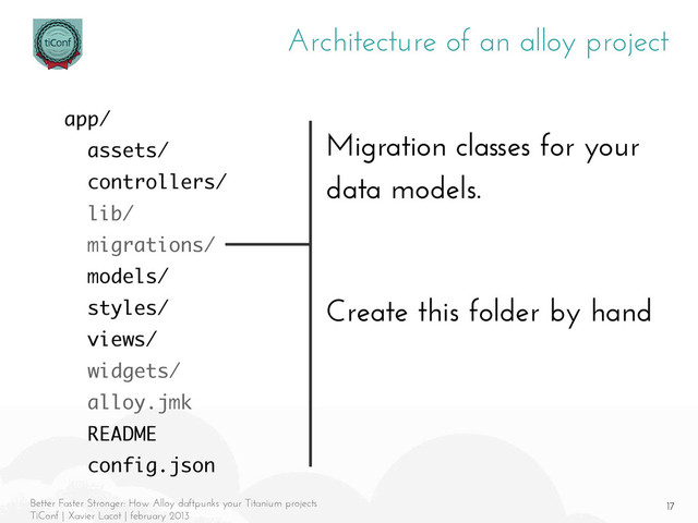 17
Better Faster Stronger: How Alloy daftpunks your Titanium projects
TiConf | Xavier Lacot | february 2013
Architecture of an alloy project
Migration classes for your
data models.
Create this folder by hand
app/
assets/
controllers/
lib/
migrations/
models/
styles/
views/
widgets/
alloy.jmk
README
config.json
