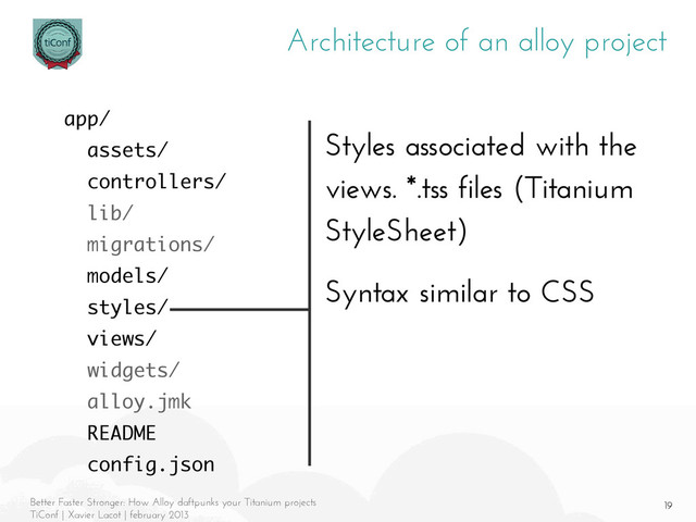 19
Better Faster Stronger: How Alloy daftpunks your Titanium projects
TiConf | Xavier Lacot | february 2013
Architecture of an alloy project
Styles associated with the
views. *.tss files (Titanium
StyleSheet)
Syntax similar to CSS
app/
assets/
controllers/
lib/
migrations/
models/
styles/
views/
widgets/
alloy.jmk
README
config.json
