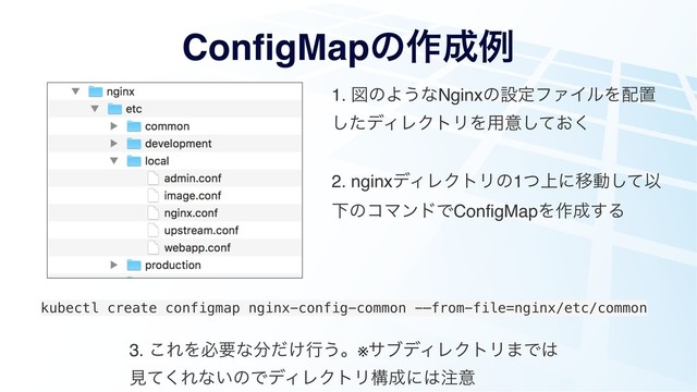 1. ਤͷΑ͏ͳNginxͷઃఆϑΝΠϧΛ഑ஔ
ͨ͠σΟϨΫτϦΛ༻ҙ͓ͯ͘͠
2. nginxσΟϨΫτϦͷ1্ͭʹҠಈͯ͠Ҏ
ԼͷίϚϯυͰConfigMapΛ࡞੒͢Δ
kubectl create configmap nginx-config-common -—from-file=nginx/etc/common
ConfigMapͷ࡞੒ྫ
3. ͜ΕΛඞཁͳ෼͚ͩߦ͏ɻ※αϒσΟϨΫτϦ·Ͱ͸
ݟͯ͘Εͳ͍ͷͰσΟϨΫτϦߏ੒ʹ͸஫ҙ
