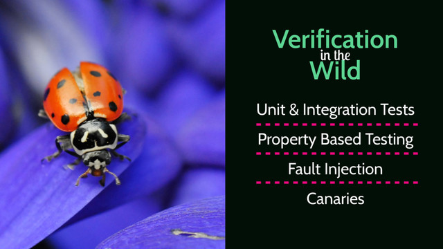 Verification
Wild
in the
Unit & Integration Tests
Property Based Testing
Fault Injection
Canaries

