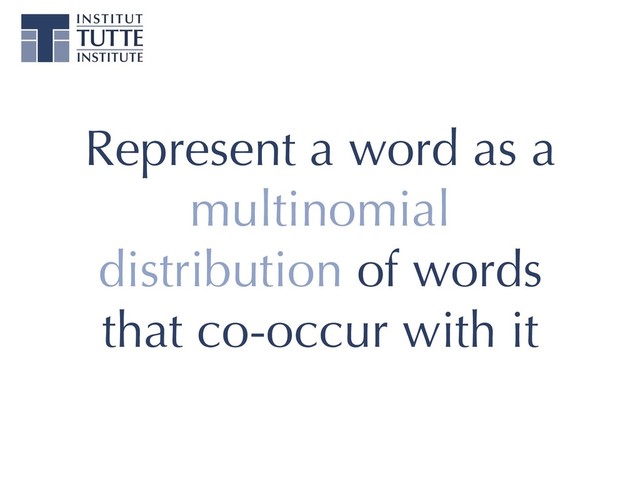 Represent a word as a
multinomial
distribution of words
that co-occur with it
