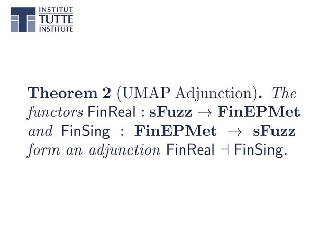 Theorem 2 (UMAP Adjunction). The
functors FinReal : sFuzz ! FinEPMet
and FinSing : FinEPMet ! sFuzz
form an adjunction FinReal a FinSing.
AAADhnicfVLbbtNAEF3XQIO5pfDIy4oEiafITihp+5QKqHiJCDRpK8VRtF6P46X22tpdt6SWH4Cv5CP4B9bOhYTbSJbGZ+bsXM54acSksu3vxo556/ad3dpd6979Bw8f1fcen8kkExRGNIkSceERCRHjMFJMRXCRCiCxF8G5d/m6jJ9fgZAs4UM1T2ESkxlnAaNEaWha/+FKUDTJuAKRqxASAXGRO4XlejBjfA2NR/3jAT72P2WclsyJhYch4KD8TYTETfeE8Y9AInyE3Zio0AtyeZLd3BTYVcka0klvB31QRRNbhPsL2injsw3aOmeLuXhM04JExJhwTNa9bBR3fSLDK7x6tdmyXOD+eoppvWG3nPbhS6eNtXNgdw5Lp+N0uu197LTsyhpoaYPpnvHF9ROaxcAVjYiUY8dO1SQnQjEagV5TJiEl9JLMYKxdTmKQk7zSpcDPNeJj3bD+uMIVusnISSzlPPZ0Zjml/D1Wgn+LjTMVHExyxtNMAaeLQkEWYb2vUmTsMwFURXPtECqY7hXTkAhCtcp/VFFhrOfgcL3c0q8zGC4dqzySCPhMhbmr4LO6Zr7uLH9Fy9gb0JsR0Nddvk9BEH0P+UqQIq/0k5WqFfAfQqnYFqECStFWyuB/O2ftlqMl/dBu9IZL+WroKXqGXiAHdVEPvUMDNELUODXmxlfjm1kzW+a+2V2k7hhLzhO0ZWbvJ8jSKCc=
AAADhnicfVLbbtNAEF3XQIO5pfDIy4oEiafITihp+5QKqHiJCDRpK8VRtF6P46X22tpdt6SWH4Cv5CP4B9bOhYTbSJbGZ+bsXM54acSksu3vxo556/ad3dpd6979Bw8f1fcen8kkExRGNIkSceERCRHjMFJMRXCRCiCxF8G5d/m6jJ9fgZAs4UM1T2ESkxlnAaNEaWha/+FKUDTJuAKRqxASAXGRO4XlejBjfA2NR/3jAT72P2WclsyJhYch4KD8TYTETfeE8Y9AInyE3Zio0AtyeZLd3BTYVcka0klvB31QRRNbhPsL2injsw3aOmeLuXhM04JExJhwTNa9bBR3fSLDK7x6tdmyXOD+eoppvWG3nPbhS6eNtXNgdw5Lp+N0uu197LTsyhpoaYPpnvHF9ROaxcAVjYiUY8dO1SQnQjEagV5TJiEl9JLMYKxdTmKQk7zSpcDPNeJj3bD+uMIVusnISSzlPPZ0Zjml/D1Wgn+LjTMVHExyxtNMAaeLQkEWYb2vUmTsMwFURXPtECqY7hXTkAhCtcp/VFFhrOfgcL3c0q8zGC4dqzySCPhMhbmr4LO6Zr7uLH9Fy9gb0JsR0Nddvk9BEH0P+UqQIq/0k5WqFfAfQqnYFqECStFWyuB/O2ftlqMl/dBu9IZL+WroKXqGXiAHdVEPvUMDNELUODXmxlfjm1kzW+a+2V2k7hhLzhO0ZWbvJ8jSKCc=
AAADhnicfVLbbtNAEF3XQIO5pfDIy4oEiafITihp+5QKqHiJCDRpK8VRtF6P46X22tpdt6SWH4Cv5CP4B9bOhYTbSJbGZ+bsXM54acSksu3vxo556/ad3dpd6979Bw8f1fcen8kkExRGNIkSceERCRHjMFJMRXCRCiCxF8G5d/m6jJ9fgZAs4UM1T2ESkxlnAaNEaWha/+FKUDTJuAKRqxASAXGRO4XlejBjfA2NR/3jAT72P2WclsyJhYch4KD8TYTETfeE8Y9AInyE3Zio0AtyeZLd3BTYVcka0klvB31QRRNbhPsL2injsw3aOmeLuXhM04JExJhwTNa9bBR3fSLDK7x6tdmyXOD+eoppvWG3nPbhS6eNtXNgdw5Lp+N0uu197LTsyhpoaYPpnvHF9ROaxcAVjYiUY8dO1SQnQjEagV5TJiEl9JLMYKxdTmKQk7zSpcDPNeJj3bD+uMIVusnISSzlPPZ0Zjml/D1Wgn+LjTMVHExyxtNMAaeLQkEWYb2vUmTsMwFURXPtECqY7hXTkAhCtcp/VFFhrOfgcL3c0q8zGC4dqzySCPhMhbmr4LO6Zr7uLH9Fy9gb0JsR0Nddvk9BEH0P+UqQIq/0k5WqFfAfQqnYFqECStFWyuB/O2ftlqMl/dBu9IZL+WroKXqGXiAHdVEPvUMDNELUODXmxlfjm1kzW+a+2V2k7hhLzhO0ZWbvJ8jSKCc=
AAADhnicfVLbbtNAEF3XQIO5pfDIy4oEiafITihp+5QKqHiJCDRpK8VRtF6P46X22tpdt6SWH4Cv5CP4B9bOhYTbSJbGZ+bsXM54acSksu3vxo556/ad3dpd6979Bw8f1fcen8kkExRGNIkSceERCRHjMFJMRXCRCiCxF8G5d/m6jJ9fgZAs4UM1T2ESkxlnAaNEaWha/+FKUDTJuAKRqxASAXGRO4XlejBjfA2NR/3jAT72P2WclsyJhYch4KD8TYTETfeE8Y9AInyE3Zio0AtyeZLd3BTYVcka0klvB31QRRNbhPsL2injsw3aOmeLuXhM04JExJhwTNa9bBR3fSLDK7x6tdmyXOD+eoppvWG3nPbhS6eNtXNgdw5Lp+N0uu197LTsyhpoaYPpnvHF9ROaxcAVjYiUY8dO1SQnQjEagV5TJiEl9JLMYKxdTmKQk7zSpcDPNeJj3bD+uMIVusnISSzlPPZ0Zjml/D1Wgn+LjTMVHExyxtNMAaeLQkEWYb2vUmTsMwFURXPtECqY7hXTkAhCtcp/VFFhrOfgcL3c0q8zGC4dqzySCPhMhbmr4LO6Zr7uLH9Fy9gb0JsR0Nddvk9BEH0P+UqQIq/0k5WqFfAfQqnYFqECStFWyuB/O2ftlqMl/dBu9IZL+WroKXqGXiAHdVEPvUMDNELUODXmxlfjm1kzW+a+2V2k7hhLzhO0ZWbvJ8jSKCc=
