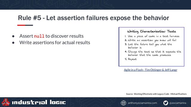@asciamanna
anthonysciamanna.com
Rule #5 - Let assertion failures expose the behavior
● Assert null to discover results
● Write assertions for actual results
Agile in a Flash - Tim Ottinger & Jeff Langr
Source: Working Effectively with Legacy Code - Michael Feathers
