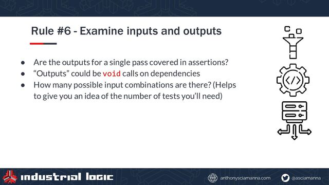 @asciamanna
anthonysciamanna.com
Rule #6 - Examine inputs and outputs
● Are the outputs for a single pass covered in assertions?
● “Outputs” could be void calls on dependencies
● How many possible input combinations are there? (Helps
to give you an idea of the number of tests you’ll need)
