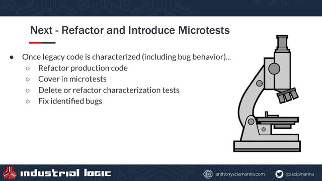 @asciamanna
anthonysciamanna.com
Next - Refactor and Introduce Microtests
● Once legacy code is characterized (including bug behavior)...
○ Refactor production code
○ Cover in microtests
○ Delete or refactor characterization tests
○ Fix identiﬁed bugs

