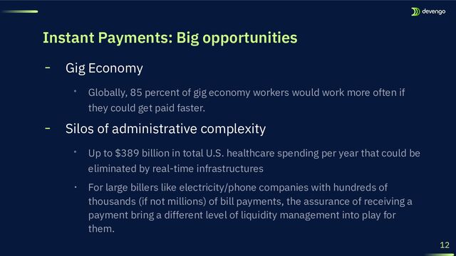 Instant Payments: Big opportunities
╸ Gig Economy
‧ Globally, 85 percent of gig economy workers would work more often if
they could get paid faster.
╸ Silos of administrative complexity
‧ Up to $389 billion in total U.S. healthcare spending per year that could be
eliminated by real-time infrastructures
‧ For large billers like electricity/phone companies with hundreds of
thousands (if not millions) of bill payments, the assurance of receiving a
payment bring a different level of liquidity management into play for
them.
12
