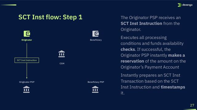 SCT Inst flow: Step 1
Beneﬁciary PSP
Originator PSP
Originator
SCT Inst Instruction
27
Beneﬁciary
CSM
The Originator PSP receives an
SCT Inst Instruction from the
Originator.
Executes all processing
conditions and funds availability
checks. If successful, the
Originator PSP instantly makes a
reservation of the amount on the
Originator’s Payment Account
Instantly prepares an SCT Inst
Transaction based on the SCT
Inst Instruction and timestamps
it.
