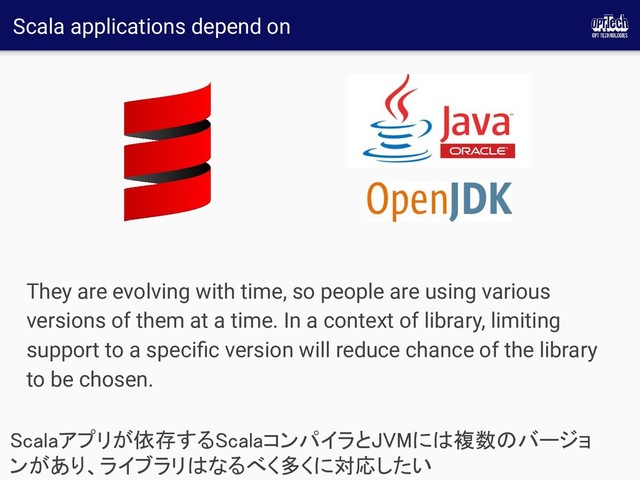 Scala applications depend on
They are evolving with time, so people are using various
versions of them at a time. In a context of library, limiting
support to a speciﬁc version will reduce chance of the library
to be chosen.
Scalaアプリが依存するScalaコンパイラとJVMには複数のバージョ
ンがあり、ライブラリはなるべく多くに対応したい 
