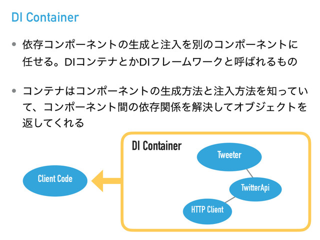 DI Container
• ґଘίϯϙʔωϯτͷੜ੒ͱ஫ೖΛผͷίϯϙʔωϯτʹ
೚ͤΔɻDIίϯςφͱ͔DIϑϨʔϜϫʔΫͱݺ͹ΕΔ΋ͷ
• ίϯςφ͸ίϯϙʔωϯτͷੜ੒ํ๏ͱ஫ೖํ๏Λ஌͍ͬͯ
ͯɺίϯϙʔωϯτؒͷґଘؔ܎Λղܾͯ͠ΦϒδΣΫτΛ
ฦͯ͘͠ΕΔ
DI Container
Client Code
Tweeter
TwitterApi
HTTP Client

