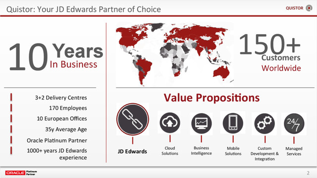 2
Quistor: Your JD Edwards Partner of Choice
Customers
Worldwide
150+
JD Edwards Cloud
SoluEons
Business
Intelligence
Mobile
SoluEons
Custom
Development &
IntegraEon
10 Years
In Business
Value Proposi+ons
Managed
Services
24
7
3+2 Delivery Centres
170 Employees
10 European Oﬃces
35y Average Age
Oracle PlaEnum Partner
1000+ years JD Edwards
experience
