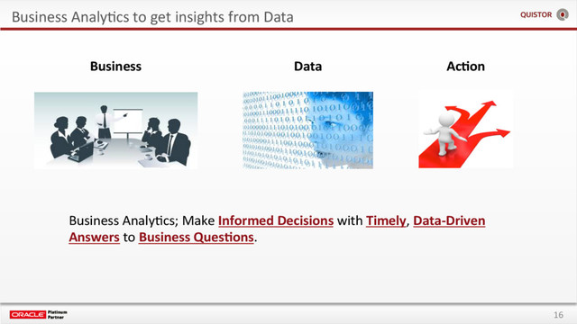 16
Business AnalyEcs to get insights from Data
Business Data Ac+on
Business AnalyEcs; Make Informed Decisions with Timely, Data-Driven
Answers to Business Ques+ons.
