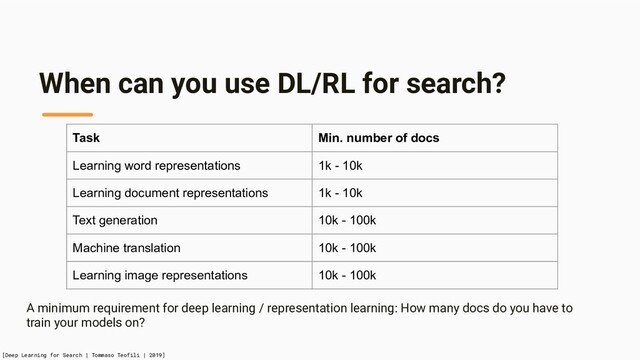 When can you use DL/RL for search?
Task Min. number of docs
Learning word representations 1k - 10k
Learning document representations 1k - 10k
Text generation 10k - 100k
Machine translation 10k - 100k
Learning image representations 10k - 100k
A minimum requirement for deep learning / representation learning: How many docs do you have to
train your models on?
[Deep Learning for Search | Tommaso Teofili | 2019]
