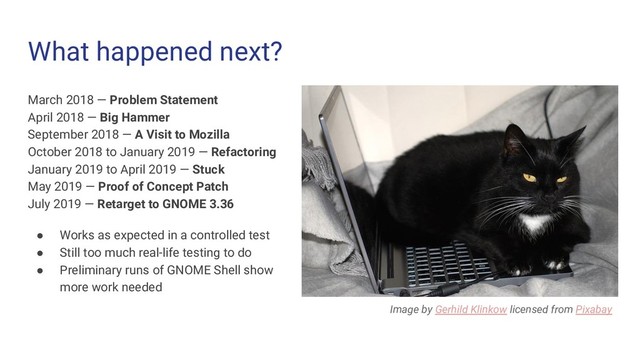 What happened next?
March 2018 — Problem Statement
April 2018 — Big Hammer
September 2018 — A Visit to Mozilla
October 2018 to January 2019 — Refactoring
January 2019 to April 2019 — Stuck
May 2019 — Proof of Concept Patch
July 2019 — Retarget to GNOME 3.36
● Works as expected in a controlled test
● Still too much real-life testing to do
● Preliminary runs of GNOME Shell show
more work needed
Image by Gerhild Klinkow licensed from Pixabay
