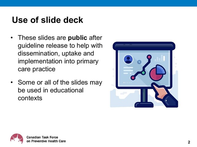 Use of slide deck
2
• These slides are public after
guideline release to help with
dissemination, uptake and
implementation into primary
care practice
• Some or all of the slides may
be used in educational
contexts
