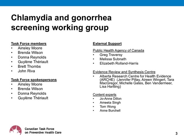 Chlamydia and gonorrhea
screening working group
Task Force members
• Ainsley Moore
• Brenda Wilson
• Donna Reynolds
• Guylène Thériault
• Brett Thombs
• John Riva
Task Force spokespersons
• Ainsley Moore
• Brenda Wilson
• Donna Reynolds
• Guylène Thériault
External Support
Public Health Agency of Canada
• Greg Traversy
• Melissa Subnath
• Elizabeth Rolland-Harris
Evidence Review and Synthesis Centre
• Alberta Research Centre for Health Evidence
(ARCHE) (Jennifer Pillay, Aireen Wingert, Tara
MacGregor, Michelle Gates, Ben Vandermeer,
Lisa Hartling)
Content experts
• Jo-Anne Dillon
• Ameeta Singh
• Tom Wong
• Anne Burchell
3
