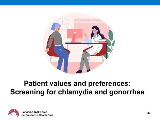 Patient values and preferences:
Screening for chlamydia and gonorrhea
33
