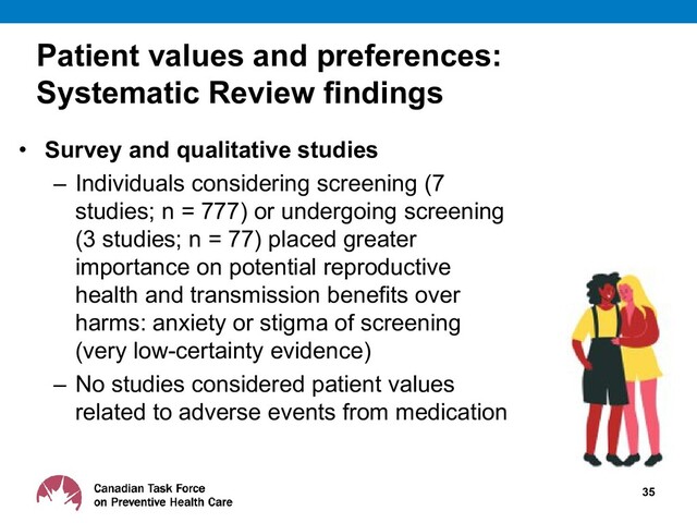 Patient values and preferences:
Systematic Review findings
• Survey and qualitative studies
– Individuals considering screening (7
studies; n = 777) or undergoing screening
(3 studies; n = 77) placed greater
importance on potential reproductive
health and transmission benefits over
harms: anxiety or stigma of screening
(very low-certainty evidence)
– No studies considered patient values
related to adverse events from medication
35
