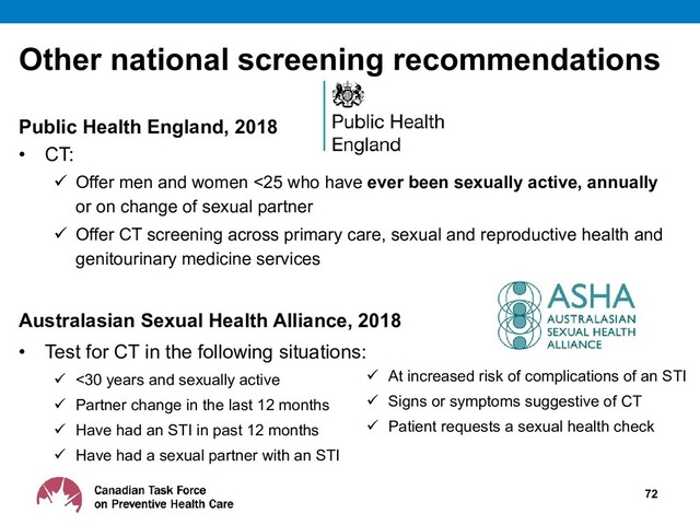 Other national screening recommendations
Public Health England, 2018
• CT:
 Offer men and women <25 who have ever been sexually active, annually
or on change of sexual partner
 Offer CT screening across primary care, sexual and reproductive health and
genitourinary medicine services
Australasian Sexual Health Alliance, 2018
• Test for CT in the following situations:
 <30 years and sexually active
 Partner change in the last 12 months
 Have had an STI in past 12 months
 Have had a sexual partner with an STI
72
 At increased risk of complications of an STI
 Signs or symptoms suggestive of CT
 Patient requests a sexual health check
