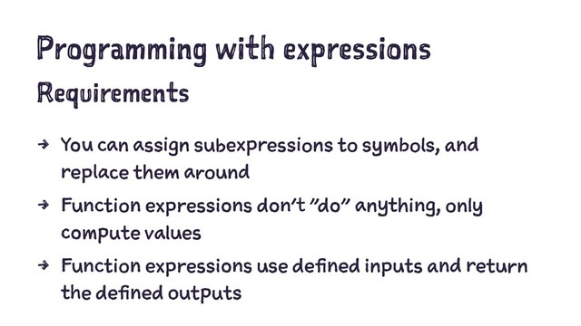 Programming with expressions
Requirements
4 You can assign subexpressions to symbols, and
replace them around
4 Function expressions don't "do" anything, only
compute values
4 Function expressions use defined inputs and return
the defined outputs
