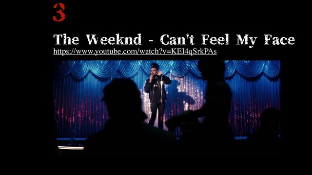 3
The Weeknd - Can't Feel My Face
https://www.youtube.com/watch?v=KEI4qSrkPAs
