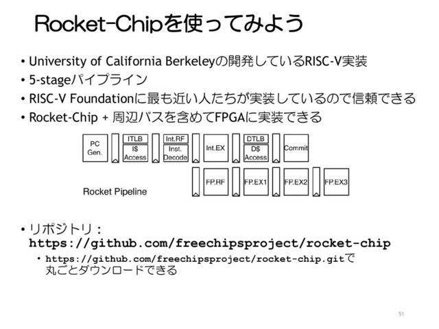 Rocket-Chipを使ってみよう
• University of California Berkeleyの開発しているRISC-V実装
• 5-stageパイプライン
• RISC-V Foundationに最も近い人たちが実装しているので信頼できる
• Rocket-Chip + 周辺バスを含めてFPGAに実装できる
• リポジトリ :
https://github.com/freechipsproject/rocket-chip
• https://github.com/freechipsproject/rocket-chip.gitで
丸ごとダウンロードできる
51
