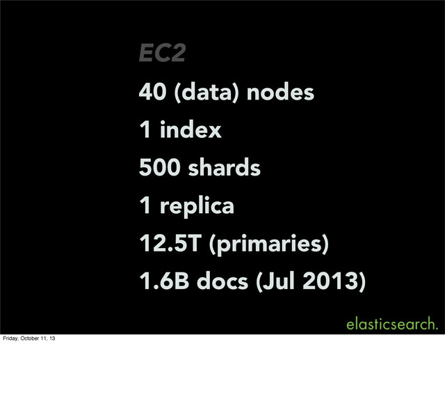EC2
40 (data) nodes
1 index
500 shards
12.5T (primaries)
1 replica
1.6B docs (Jul 2013)
Friday, October 11, 13
