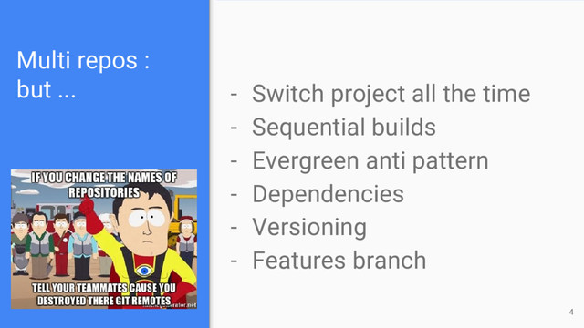Multi repos :
but ... - Switch project all the time
- Sequential builds
- Evergreen anti pattern
- Dependencies
- Versioning
- Features branch
4
