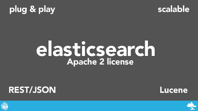 StartUp
plug & play
REST/JSON
scalable
Apache 2 license
Lucene
elasticsearch
