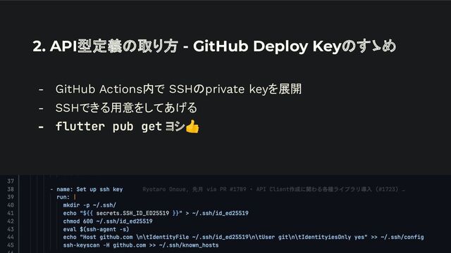 2. API型定義の取り方 - GitHub Deploy Keyのすゝめ
- GitHub Actions内で SSHのprivate keyを展開
- SSHできる用意をしてあげる
- flutter pub get ヨシ👍
