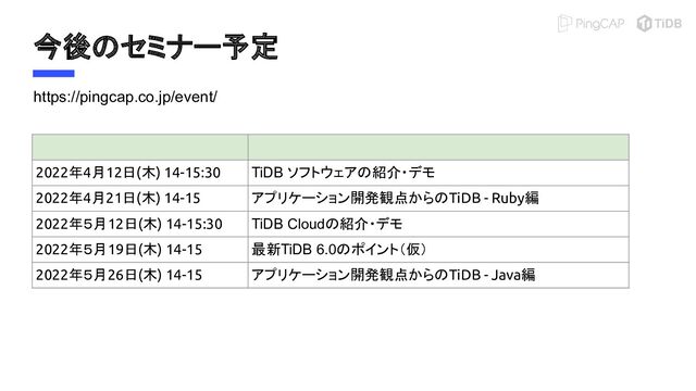 今後のセミナー予定
https://pingcap.co.jp/event/
2022年4月12日(木) 14-15:30 TiDB ソフトウェアの紹介・デモ
2022年4月21日(木) 14-15 アプリケーション開発観点からのTiDB - Ruby編
2022年５月12日(木) 14-15:30 TiDB Cloudの紹介・デモ
2022年５月19日(木) 14-15 最新TiDB 6.0のポイント（仮）
2022年５月26日(木) 14-15 アプリケーション開発観点からのTiDB - Java編
