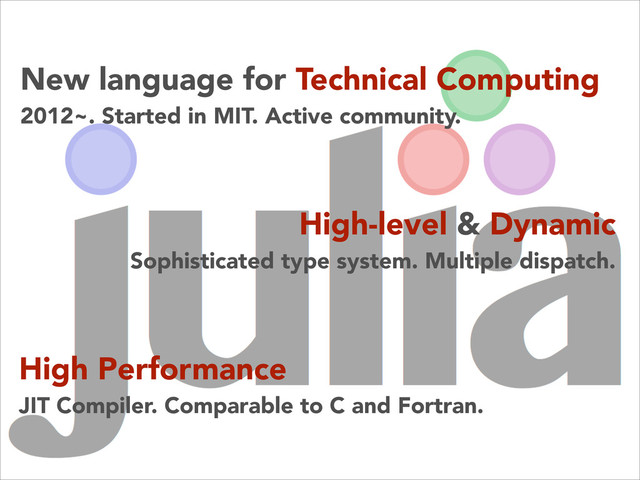New language for Technical Computing
2012~. Started in MIT. Active community.
High-level & Dynamic
Sophisticated type system. Multiple dispatch.
High Performance 
JIT Compiler. Comparable to C and Fortran.
