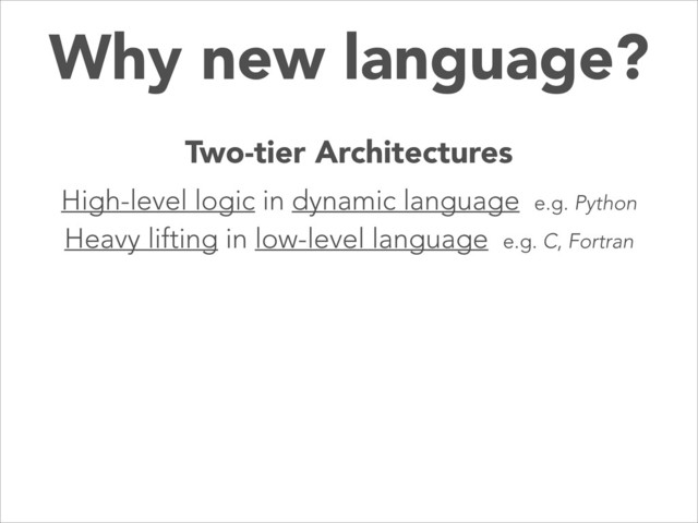 Why new language?
Two-tier Architectures
High-level logic in dynamic language e.g. Python
Heavy lifting in low-level language e.g. C, Fortran
