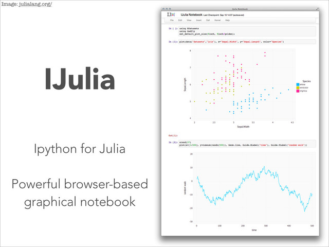 IJulia
Ipython for Julia
!
Powerful browser-based
graphical notebook
Image: julialang.org/
