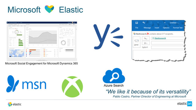 Microsoft Elastic
Azure Search
“We like it because of its versatility”
Pablo Castro, Partner Director of Engineering at Microsoft
Microsoft Social Engagement for Microsoft Dynamics 365
