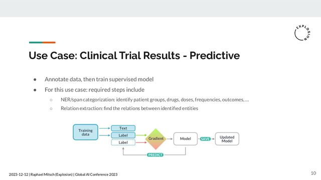 2023-12-12 | Raphael Mitsch (Explosion) | Global AI Conference 2023
Use Case: Clinical Trial Results - Predictive
● Annotate data, then train supervised model
● For this use case: required steps include
○ NER/span categorization: identify patient groups, drugs, doses, frequencies, outcomes, …
○ Relation extraction: ﬁnd the relations between identiﬁed entities
10
