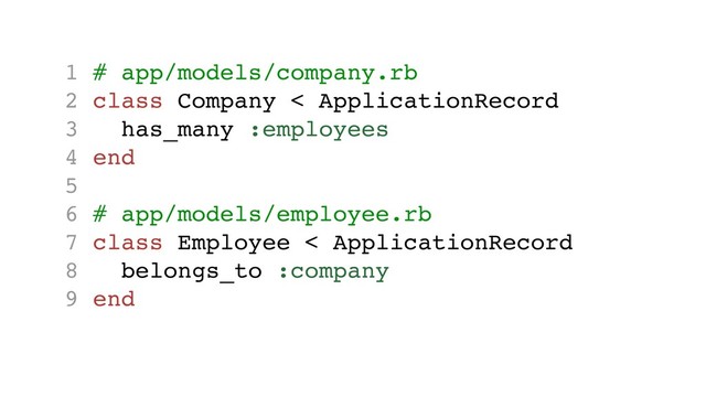 1 # app/models/company.rb
2 class Company < ApplicationRecord
3 has_many :employees
4 end
5
6 # app/models/employee.rb
7 class Employee < ApplicationRecord
8 belongs_to :company
9 end
