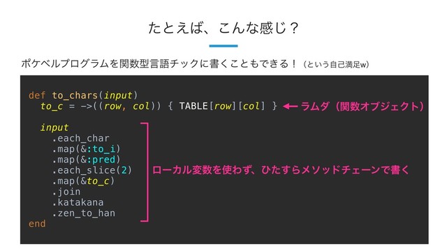 32
ͨͱ͑͹ɺ͜Μͳײ͡ʁ
def to_chars(input)
to_c = ->((row, col)) { TABLE[row][col] }
input
.each_char
.map(&:to_i)
.map(&:pred)
.each_slice(2)
.map(&to_c)
.join
.katakana
.zen_to_han
end
ϙέϕϧϓϩάϥϜΛؔ਺ܕݴޠνοΫʹॻ͘͜ͱ΋Ͱ͖Δʂʢͱ͍͏ࣗݾຬ଍wʣ
ϥϜμʢؔ਺ΦϒδΣΫτʣ
ϩʔΧϧม਺Λ࢖Θͣɺͻͨ͢ΒϝιουνΣʔϯͰॻ͘
