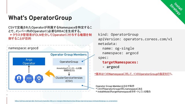 で定義された が所属する を特定するこ
とで、メンバー内の に必要な を生成する。
▶ クラスタ管理者が を介して に付与する権限を制
御することが目的
kind: OperatorGroup
apiVersion: operators.coreos.com/v1
metadata:
name: og-single
namespace: argocd
spec:
targetNamespaces:
- argocd
とみなす条件
が と同じ にある
が をサポートしている場合
でインストール対象
情報を伝える
基本は つの に対して、 つの の指定を行う。

