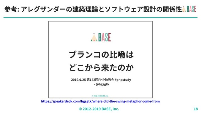 © - BASE, Inc.
参考: アレグザンダーの建築理論とソフトウェア設計の関係性
https://speakerdeck.com/hgsgtk/where-did-the-swing-metaphor-come-from
