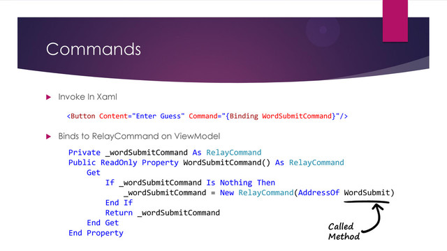 Commands
 Invoke In Xaml

Private _wordSubmitCommand As RelayCommand
Public ReadOnly Property WordSubmitCommand() As RelayCommand
Get
If _wordSubmitCommand Is Nothing Then
_wordSubmitCommand = New RelayCommand(AddressOf WordSubmit)
End If
Return _wordSubmitCommand
End Get
End Property
 Binds to RelayCommand on ViewModel
Called
Method
