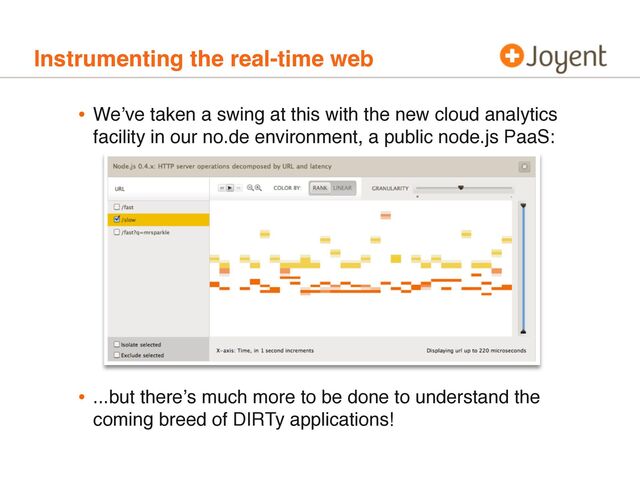 Instrumenting the real-time web
• Weʼve taken a swing at this with the new cloud analytics
facility in our no.de environment, a public node.js PaaS:
• ...but thereʼs much more to be done to understand the
coming breed of DIRTy applications!
