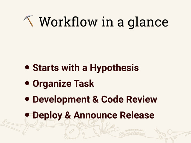 ⛏ Workﬂow in a glance
•Starts with a Hypothesis
•Organize Task
•Development & Code Review
•Deploy & Announce Release
