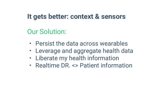 It gets better: context & sensors
Our Solution:
• Persist the data across wearables
• Leverage and aggregate health data
• Liberate my health information
• Realtime DR. <> Patient information

