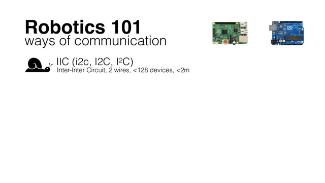 Robotics 101
IIC (i2c, I2C, I2C)
Inter-Inter Circuit, 2 wires, <128 devices, <2m
ways of communication
