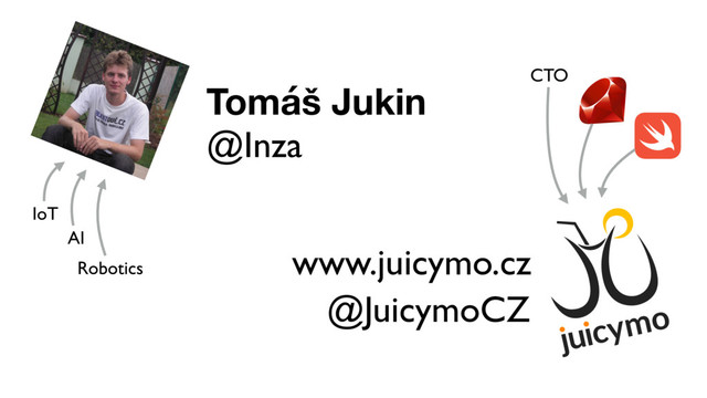 Tomáš Jukin
@Inza
www.juicymo.cz
@JuicymoCZ
CTO
IoT
AI
Robotics
