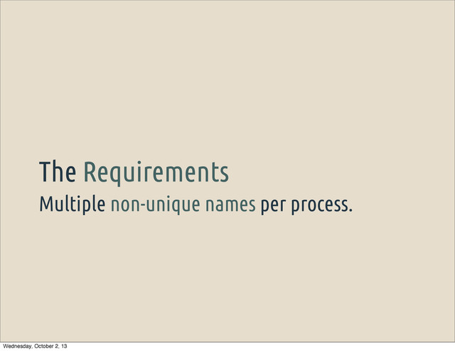 Multiple non-unique names per process.
The Requirements
Wednesday, October 2, 13
