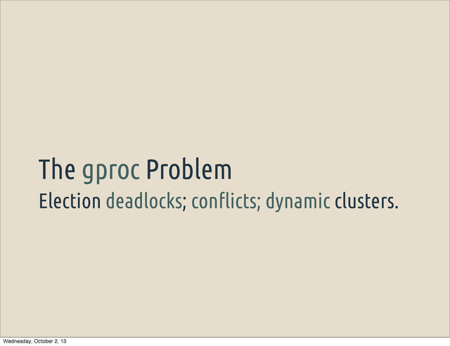 Election deadlocks; con"icts; dynamic clusters.
The gproc Problem
Wednesday, October 2, 13
