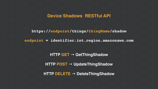 Device Shadows RESTful API
https://endpoint/things/thingName/shadow
endpoint = identifier.iot.region.amazonaws.com
HTTP GET → GetThingShadow
HTTP POST → UpdateThingShadow
HTTP DELETE → DeleteThingShadow
