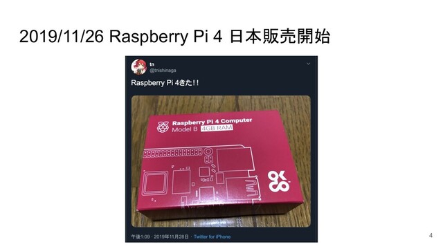 2019/11/26 Raspberry Pi 4 日本販売開始
4
