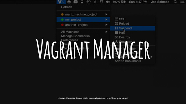 Vagrant Manager
27 — WordCamp Norrköping 2015 – Hans-Helge Bürger - http://buer.gr/wcnkpg15
